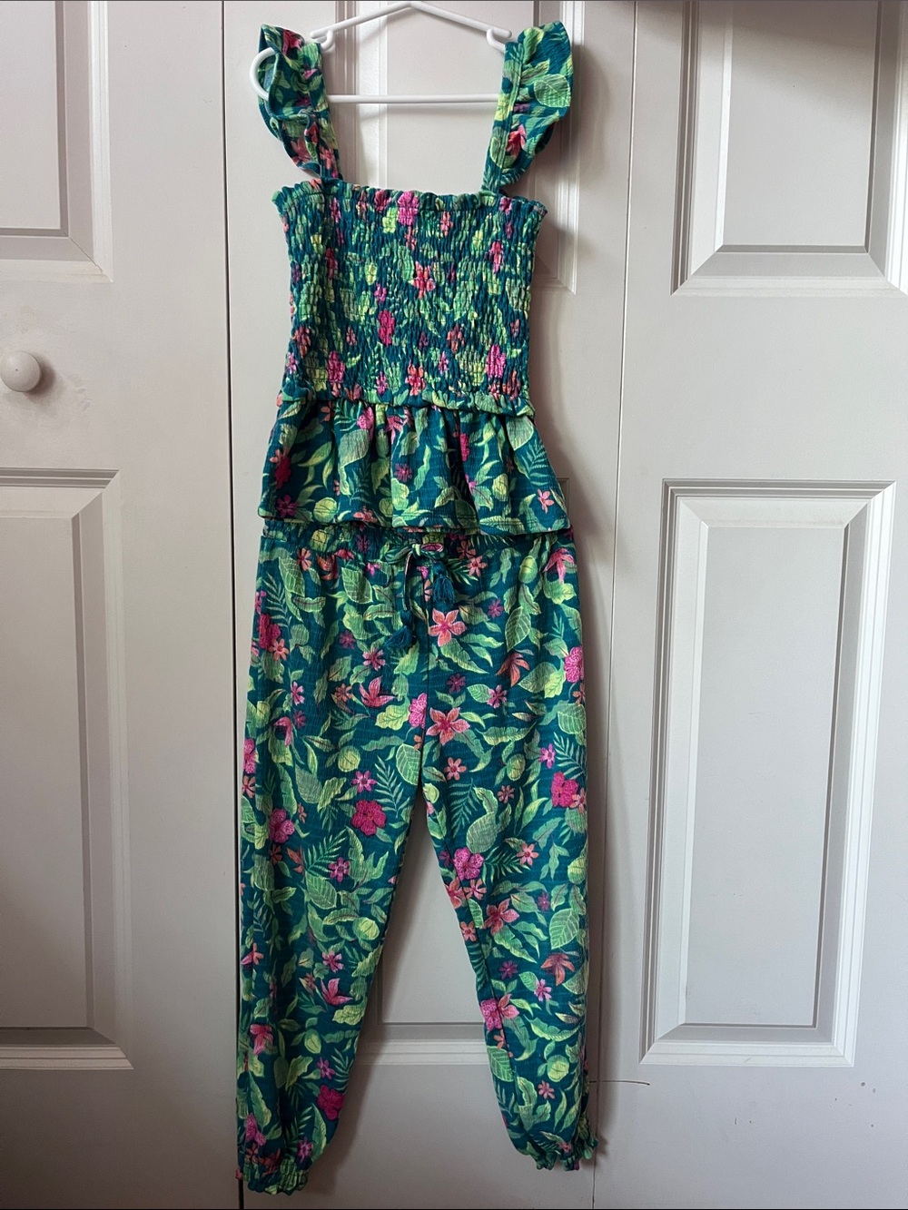 btween Green Floral Two-Piece Pajama Set with Pink Accents